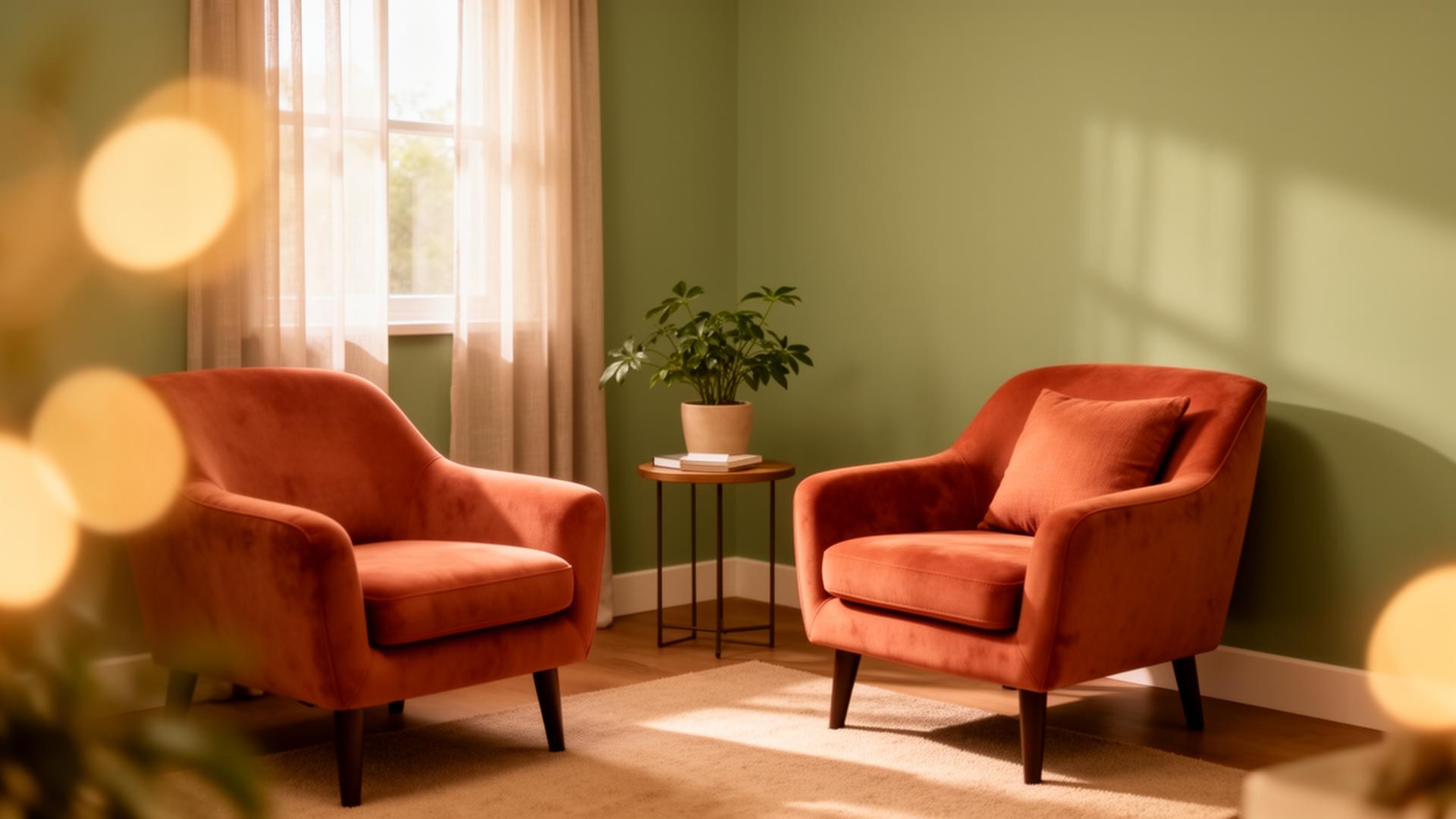 A warm, welcoming counselling room with two armchairs in natural light